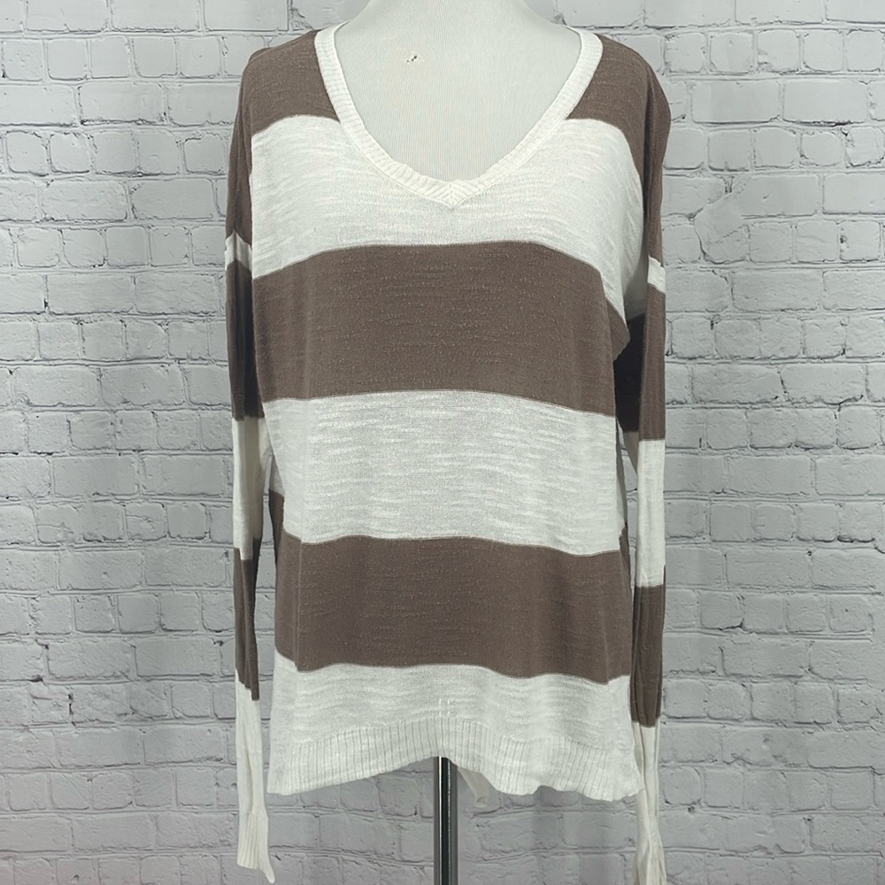 Left of Center Anthro Small Brown White Striped 70% Cotton 30% Linen Sweater